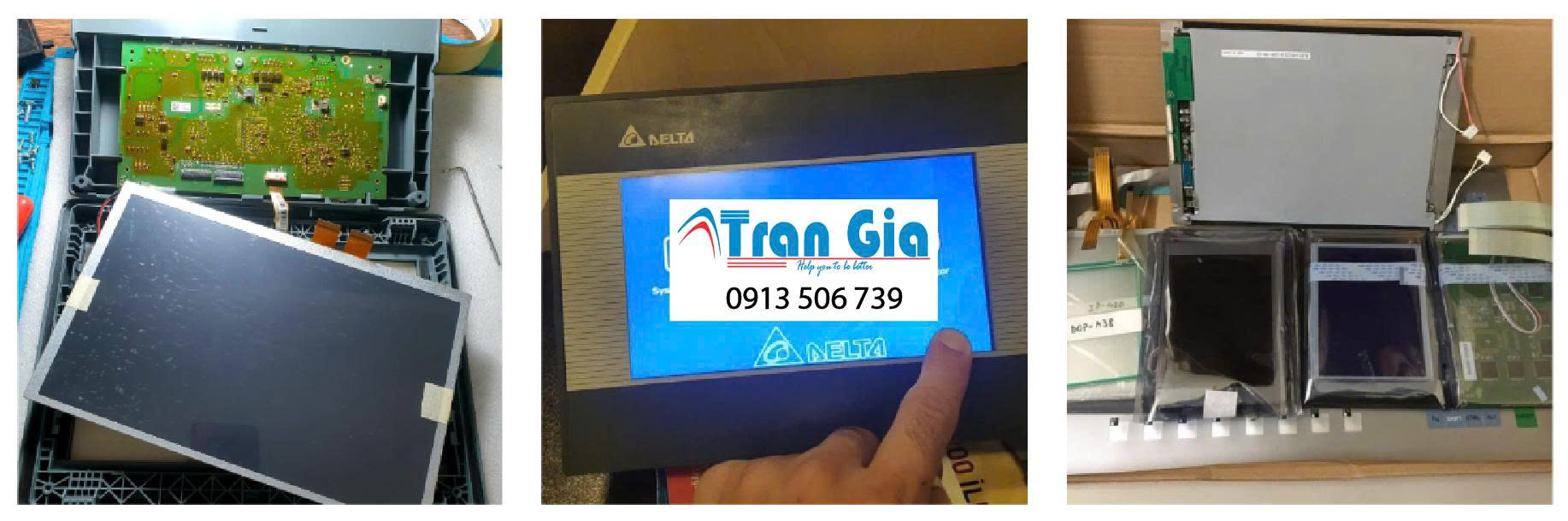 Thay tấm nền LCD cho màn hình cảm ứng HMI 5.7 inch các lỗi bị kẻ sọc, loang mờ không thấy rõ, không lên đèn nền giá tốt